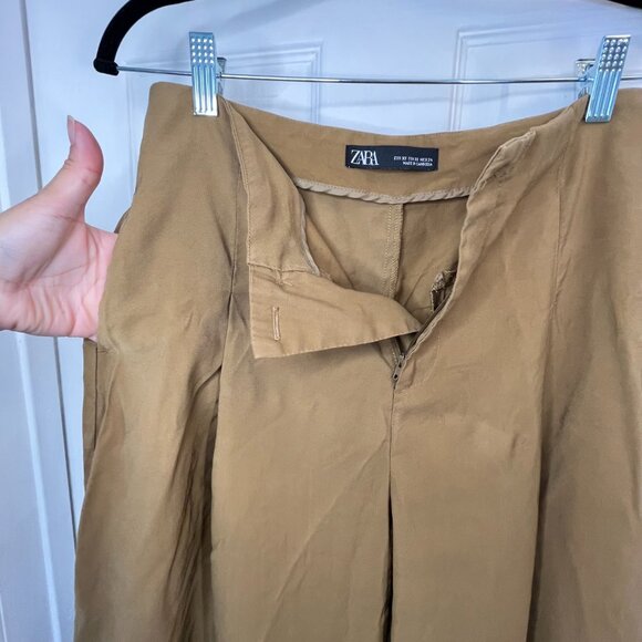 ZARA XS High Rise Mustard/Brown Viscose Linen Wide Leg Trousers With Pockets - Picture 15 of 16